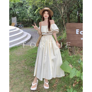 (SẴN) V205 Đầm váy dài một dây trễ vai bèo lệch tiểu thư nhẹ nhàng mùa hè phong cách Pháp Retro Vintage Taobao mới 2023