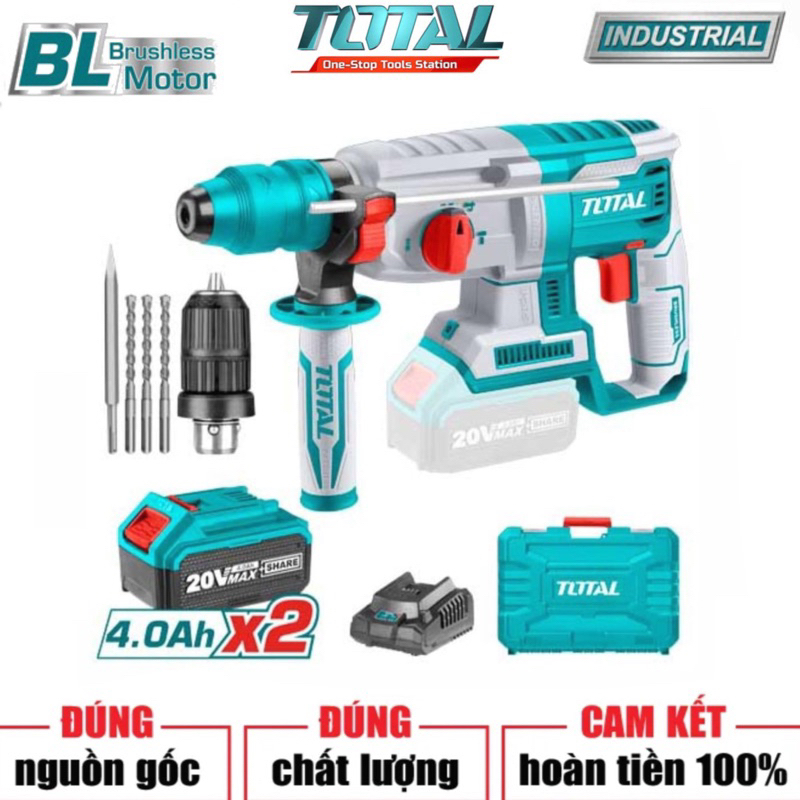 TOTAL Máy khoan bê tông dùng pin Lithium 20V TRHLI202287 & TRHLI202289