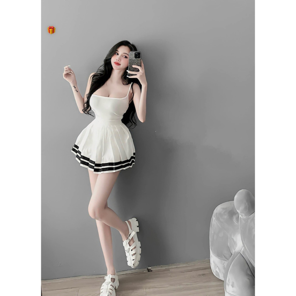 Sét áo 2 dây croptop phối chân váy tesnit xếp ly 2 vòng dưới cực sexy , chất thun mềm mát