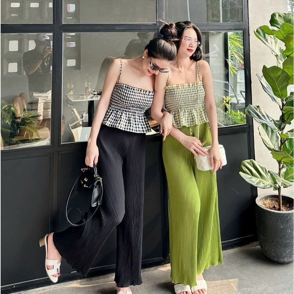 Set bộ đồ nữ áo 2 dây kẻ sọc mix quần dài dập ly ống rộng xinh xắn dành cho các nàng diện đi chơi, thời trang nữ MOON