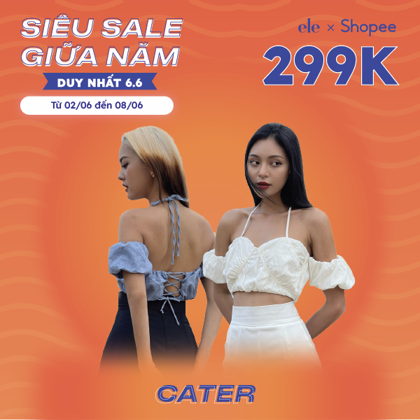 ELE Studios- Áo croptop thiết kế cao cấp Caterpillar xanh denim buộc nơ sau lưng trễ vai tay bồng sexy dịu dàng quyến rũ
