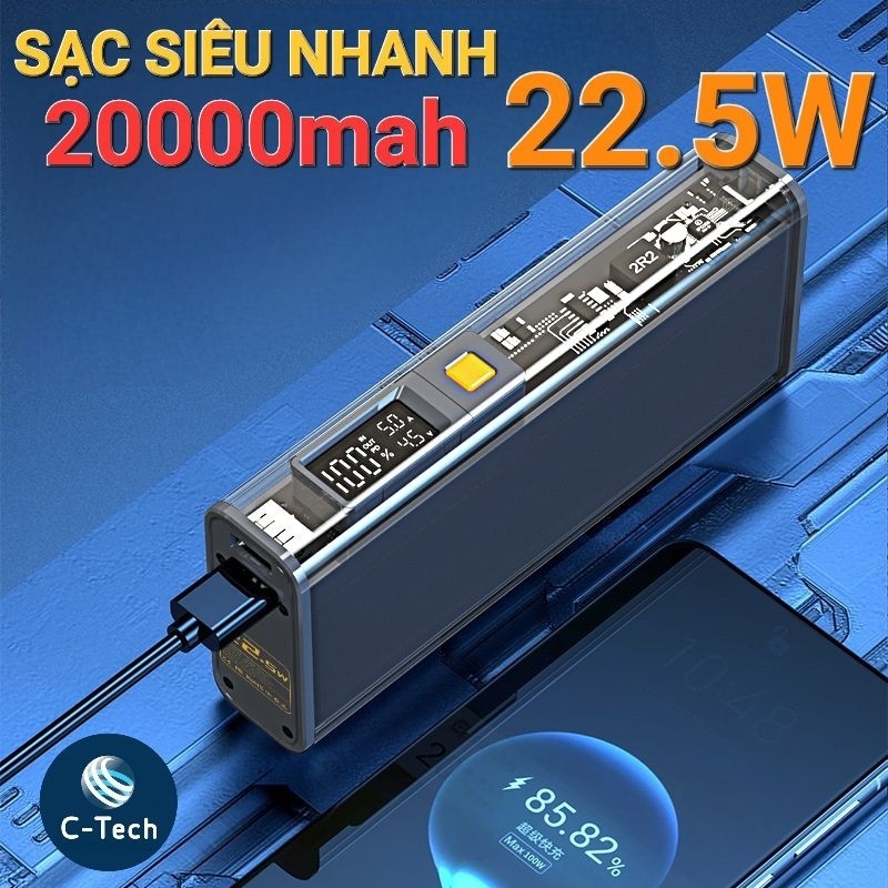Sạc dự phòng 20000Mah 22.5W sạc siêu nhanh,trong suốt, 4 cổng ra