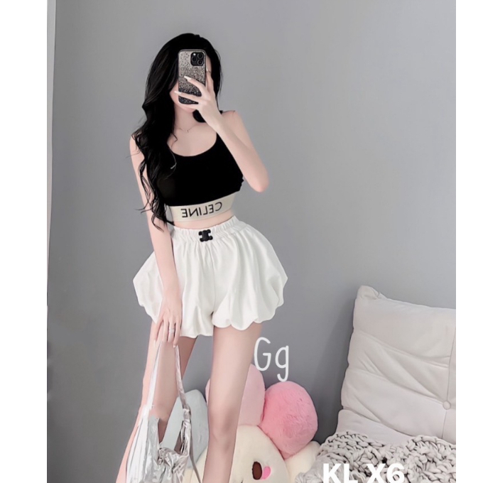set bộ áo  ba lỗ croptop kèm quần bồng bí logo lụa mịn