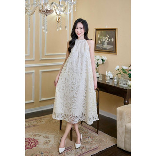 Váy maxi đi biển thiết kế 2 lớp lót tơ cao cấp, đầm dáng suông cổ yếm ren hoa nổi