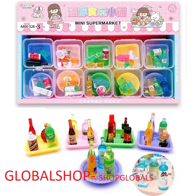 Bộ 5 món charm mini chai nước và đồ ăn mini trang  trí