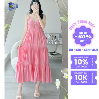 Đầm dây midi 4 tầng cổ tim thời trang GAGO màu hồng GG4273