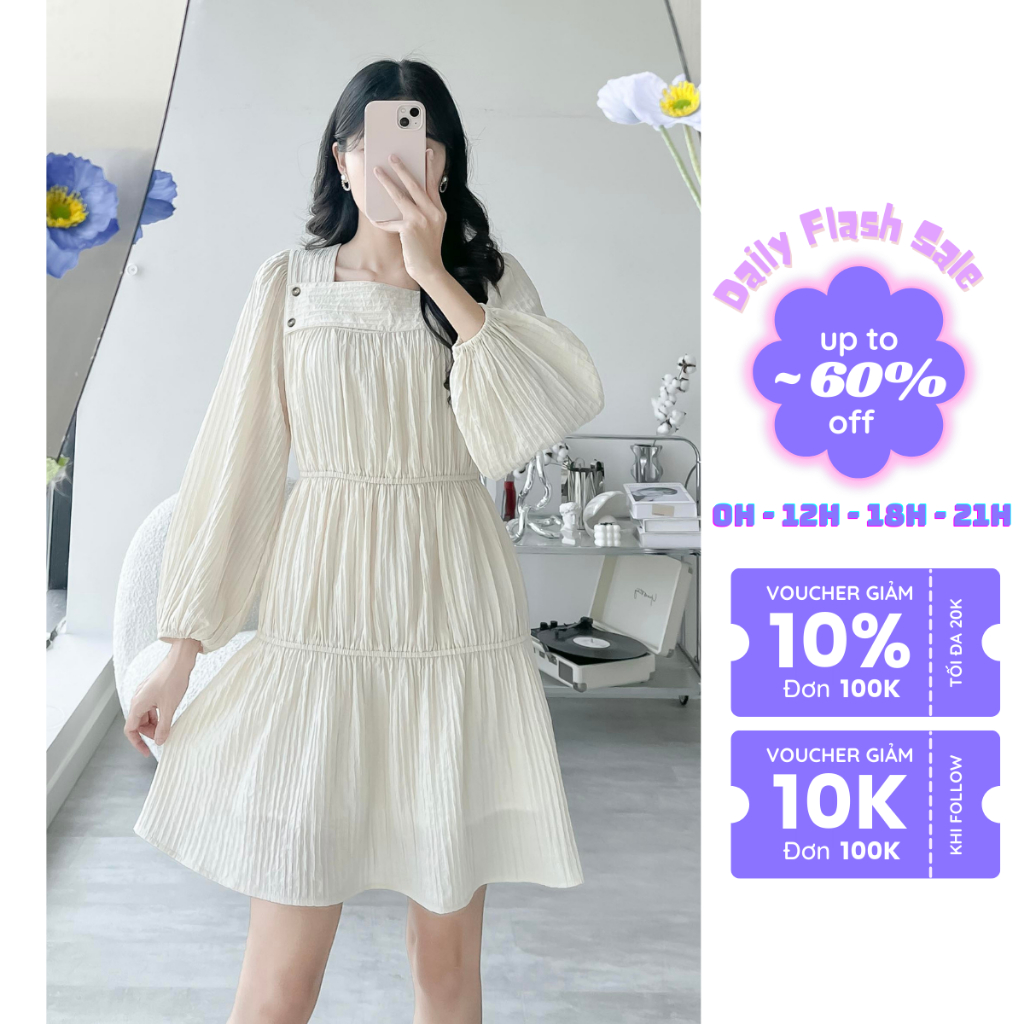 Đầm mini cổ vuông tay lửng phong cách Hàn Quốc thời trang GAGO màu trắng kem GG4266