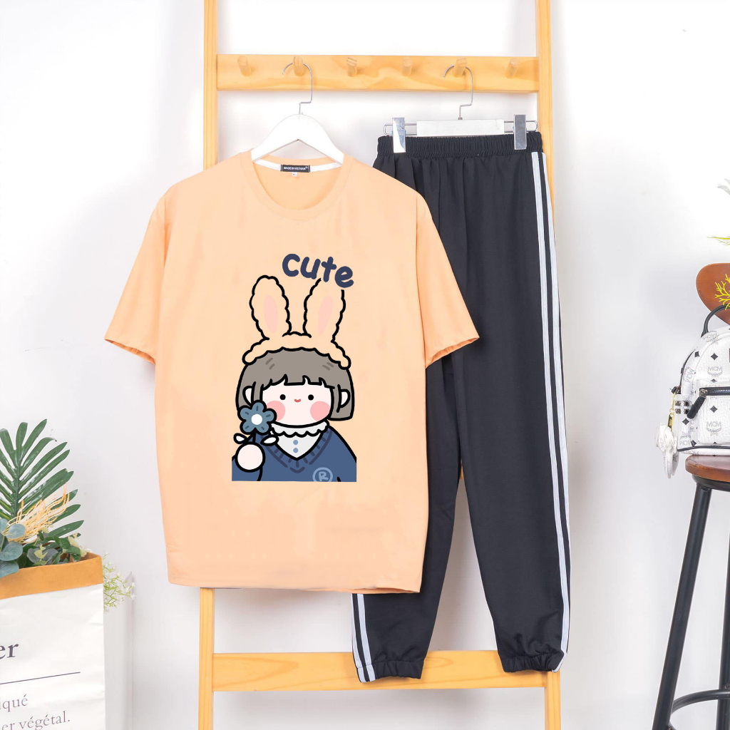 Sét Đồ Nữ Đẹp Mặc Ở Nhà Dễ Thương, Áo Da Cotton Organic In Hoạt Hình 3D Thỏ Cute Kèm Quần Thun Xám Bo Gấu