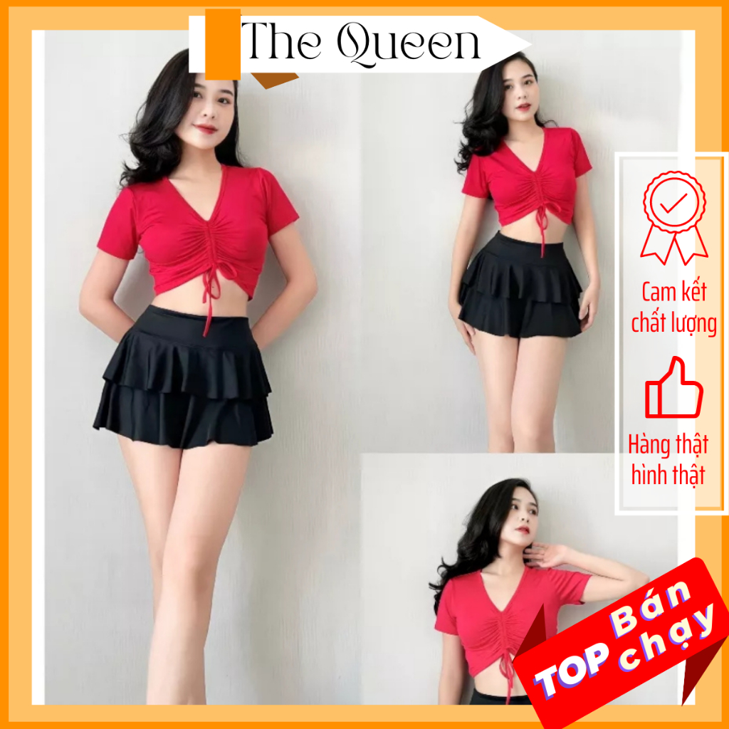 Bikini đồ bơi nữ váy 2 tầng đi biển áo croptop tập set thể thao Yoga Gym nhiều màu thời trang The Queen 075
