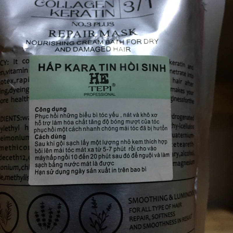 Bộ dầu gội xả hấp ủ phục hồi tóc tẩy nhuộm uốn He Tepi Keratin Collagen 3 in 1 hư tổn khô xơ rối 500ml