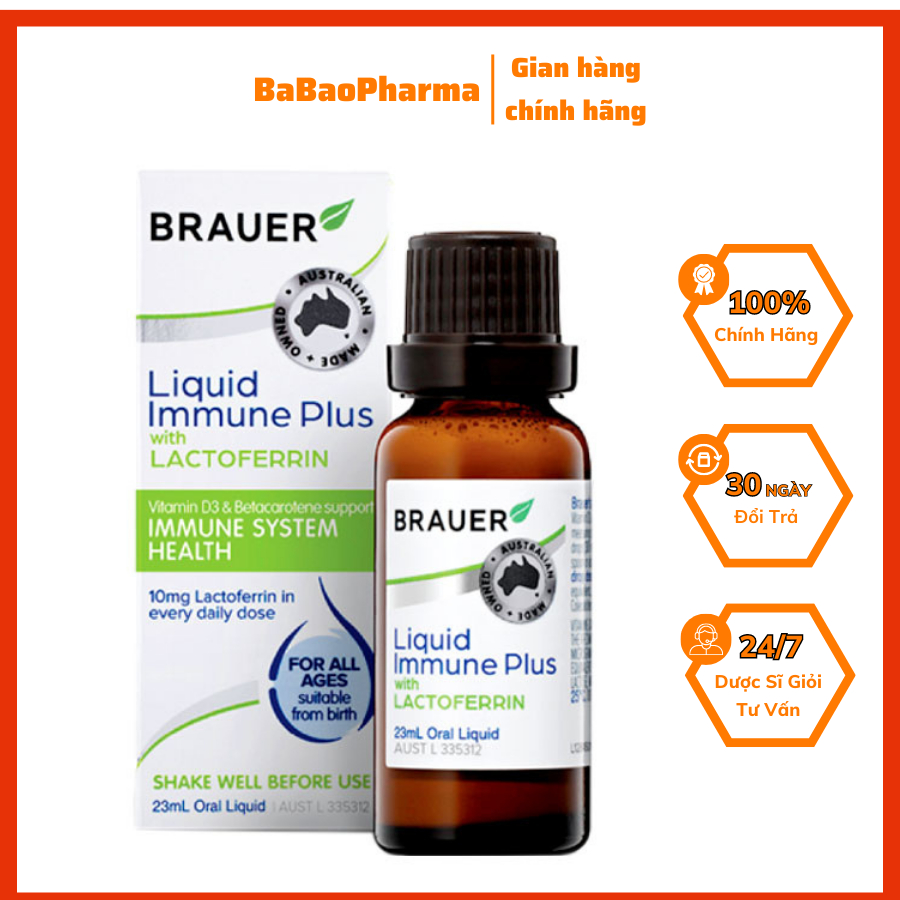 (FreeShip) SIRO BRAUER Liquid Immune Plus With Lactoferrin Hỗ Trợ Hệ Miễn Dịch Toàn Diện Cho Bé Từ Sơ Sinh chai 23ml