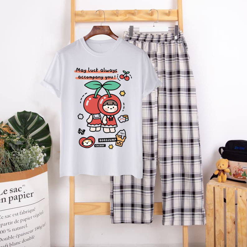 Sét Đồ Nữ Đẹp Mặc Ở Nhà Cute, Áo Trắng Cotton Organic In Hoạt Hình 3D Cherry Kèm Quần Ống Rộng Kẻ Trắng