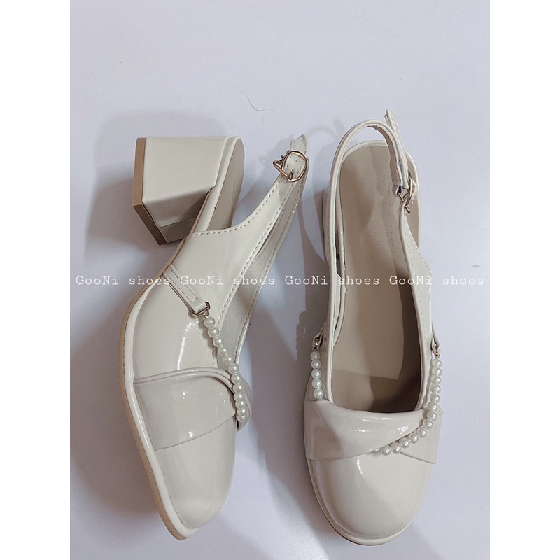 Giày cao gót đế vuông mũi tròn đính ngọc cài quai tiện lợi phong cách tiểu thư thời trang 2023 dành cho nữ