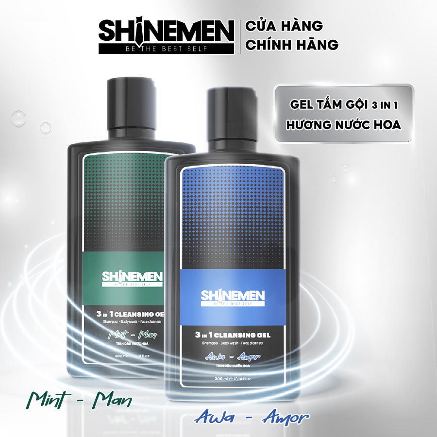 [Combo 2] Sữa Tắm Gội Và Rửa Mặt 3 In 1 Nao Shinemen Hương Nước Hoa Mint - Man Sảng Khoái Và Hương Awa - Amor Chai 300Ml X 2