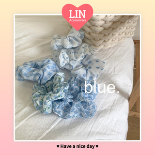 Cột tóc scrunchies lin họa tiết màu xanh