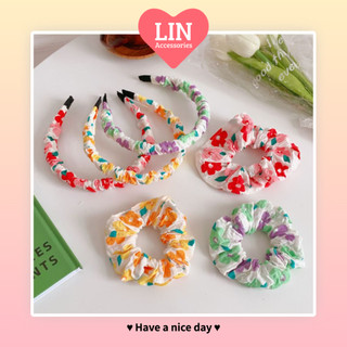 Scrunchies cột tóc băng đô vải lin họa tiết hoa dễ thương
