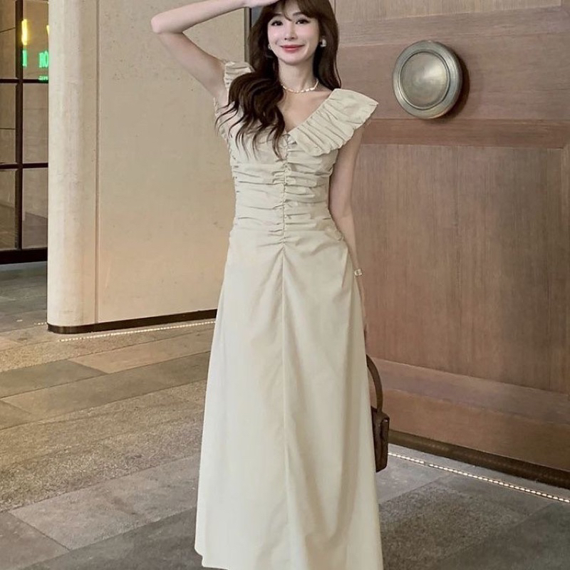 [Váy HOT] Đầm cổ V xếp ly chun ngực, thu gọn eo
