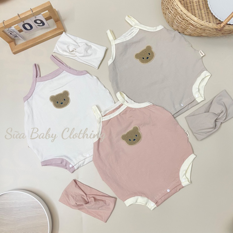 Body 2 dây gấu thêu chất cotton Hàn mát mịn cho bé