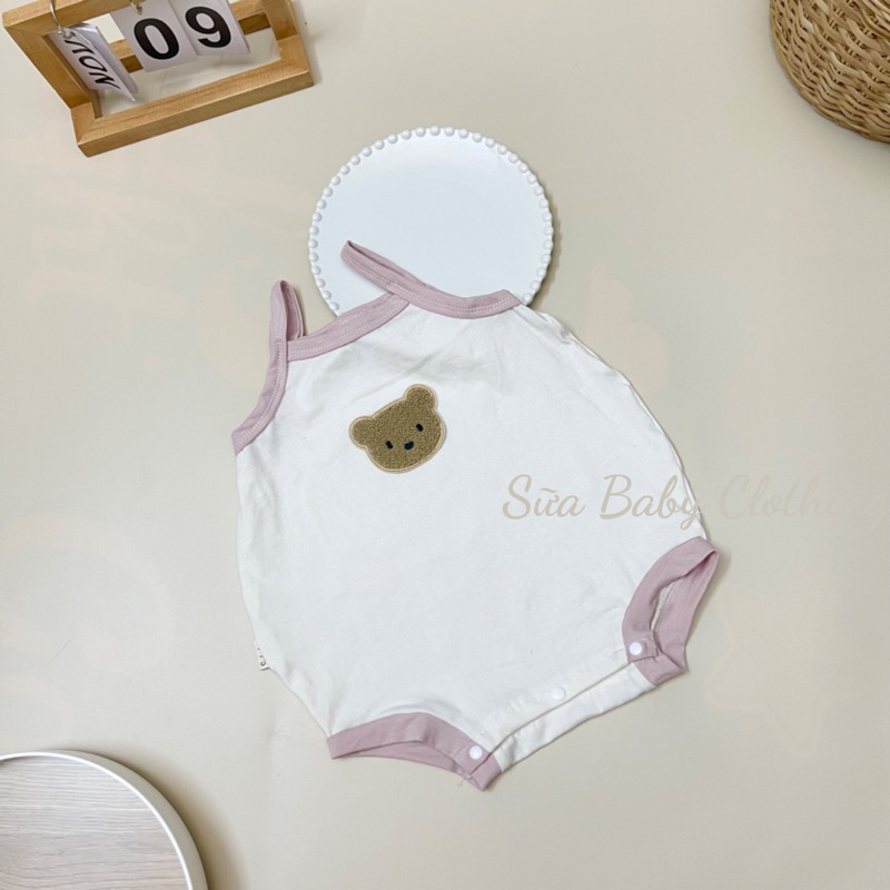 Body 2 dây gấu thêu chất cotton Hàn mát mịn cho bé