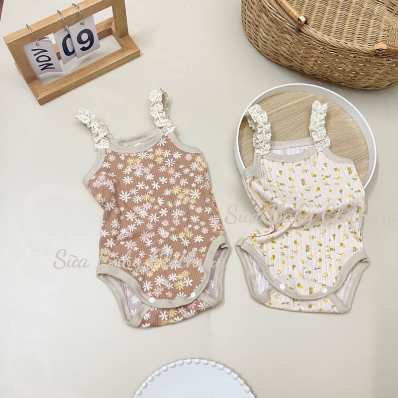 Body 2 dây cotton gân phối quai ren tiểu thư cho bé