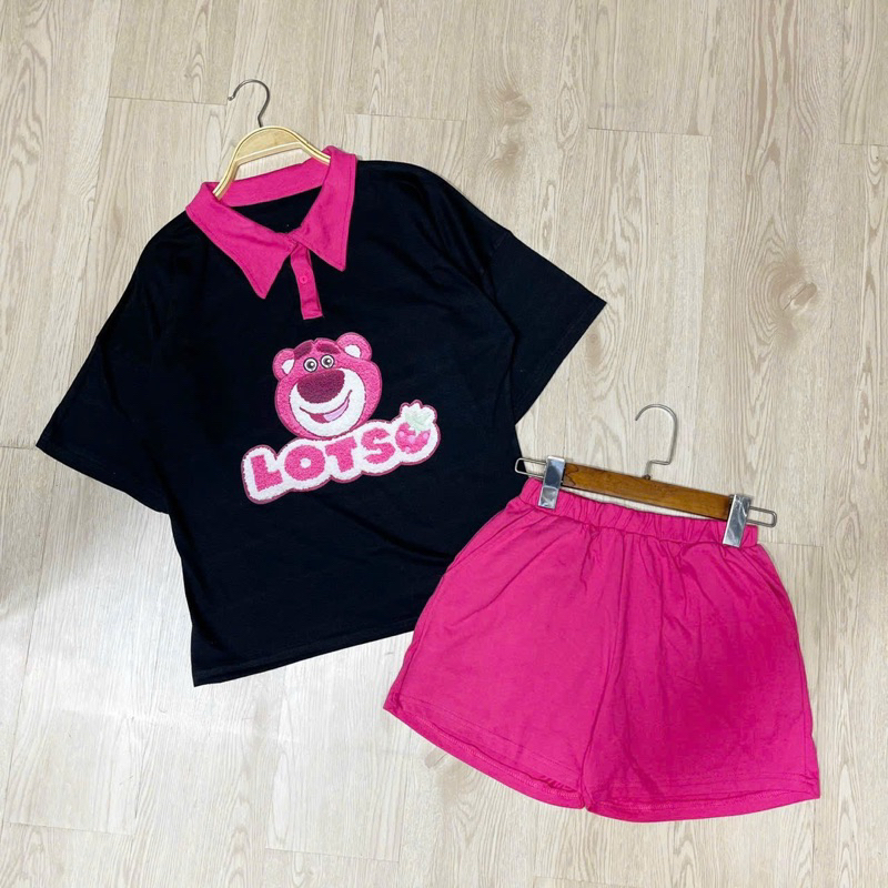 Set Bộ Áo Thun Polo Gấu Dâu Viền Kiểu + Quần Short Đùi