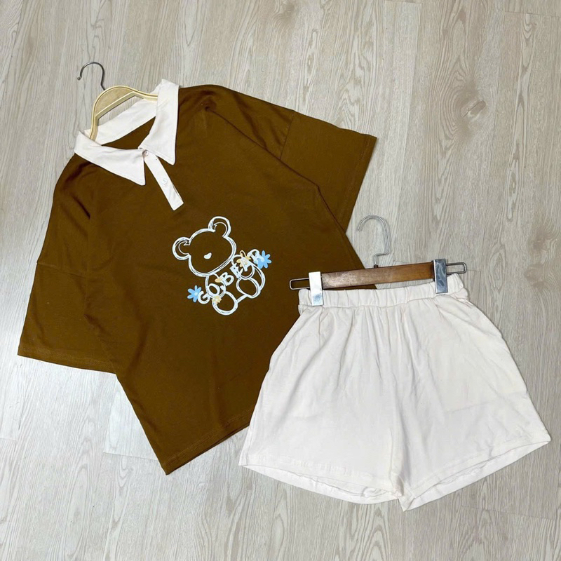 Set Bộ Áo Thun Polo Gấu Dâu Viền Kiểu + Quần Short Đùi