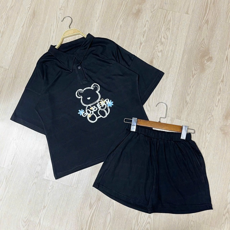 Set Bộ Áo Thun Polo Gấu Dâu Viền Kiểu + Quần Short Đùi