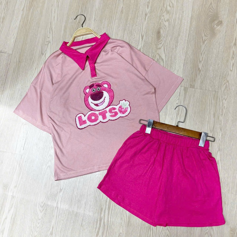 Set Bộ Áo Thun Polo Gấu Dâu Viền Kiểu + Quần Short Đùi