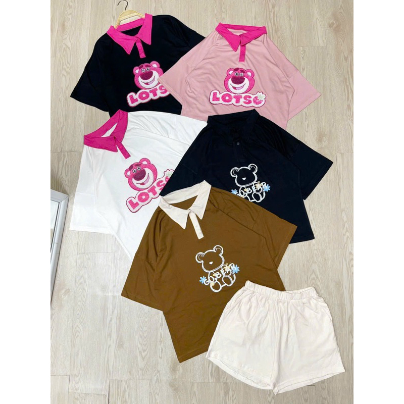 Set Bộ Áo Thun Polo Gấu Dâu Viền Kiểu + Quần Short Đùi