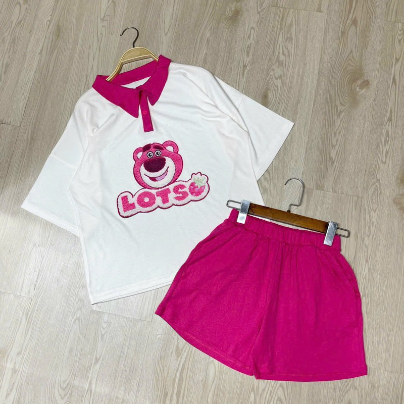 Set Bộ Áo Thun Polo Gấu Dâu Viền Kiểu + Quần Short Đùi