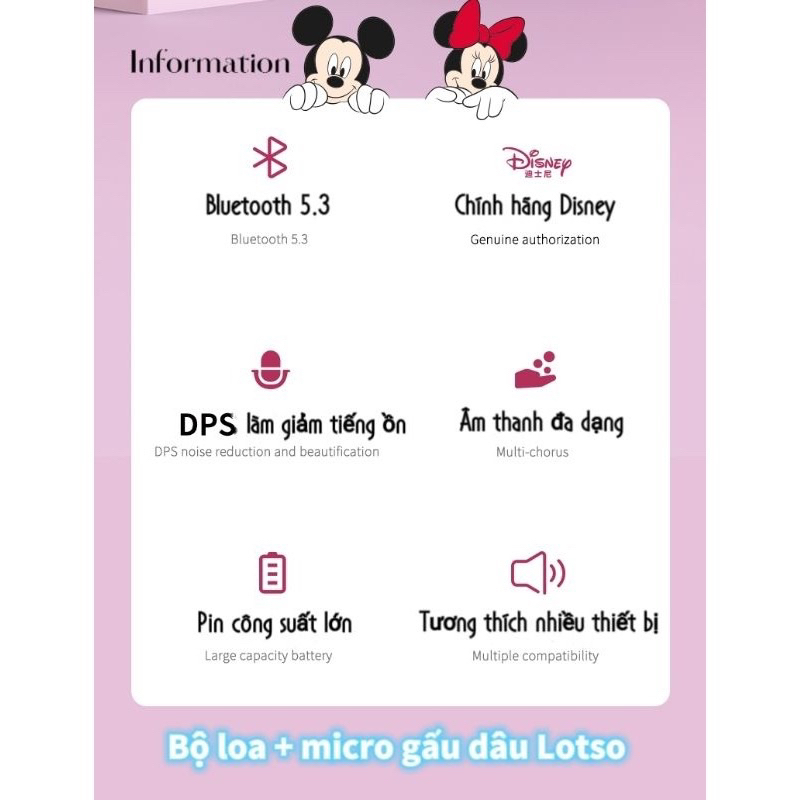 BỘ LOA BLUETOOTH & MICRO KHÔNG DÂY GẤU DÂU LOTSO DISNEY