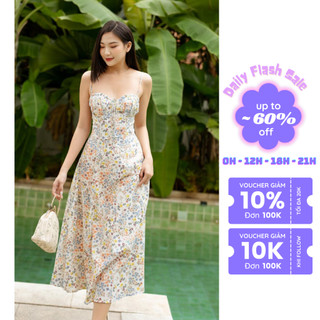 Đầm dây kiểu midi cách điệu phần ngực thời trang GAGO hoạ tiết hoa nhí GG4249