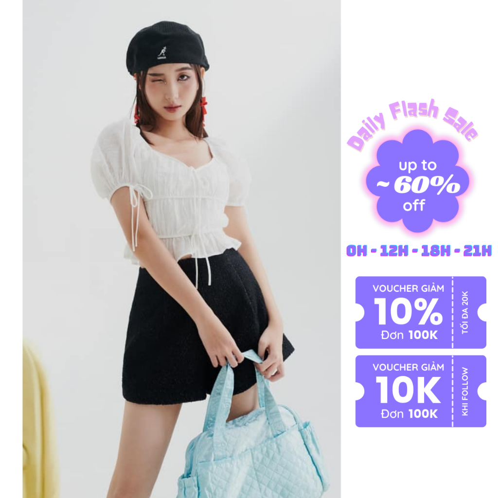 Áo kiểu xếp dập nhún 3 tầng tay ngắn thời trang GAGO màu trắng GA4311