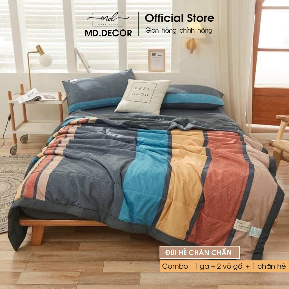 Bộ Chăn Ga Gối Cotton Đũi MD.Decor - Bedding set 5 món caro, màu kẻ drap bọc nệm nhiều kích thước ra giường M2 M4 M6 M8