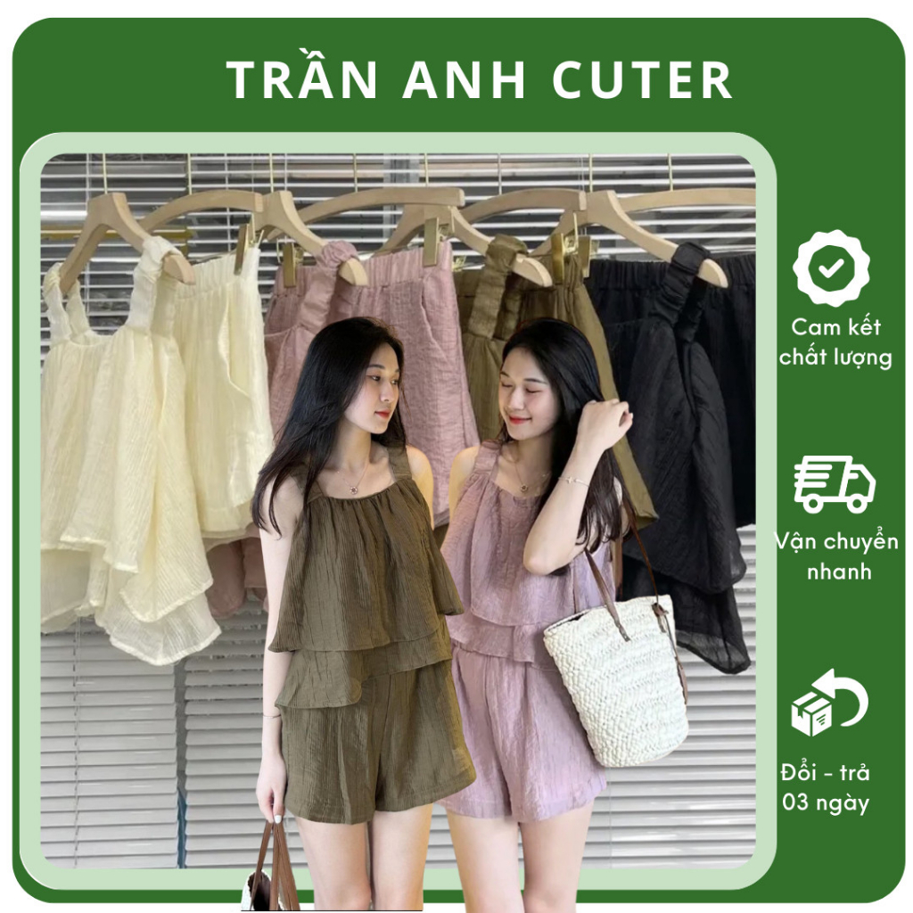 Set hai dây 2 tầng tiểu thư bản dây áo to bo chun siêu xinh set 2 dây đũi tơ kèm quần short cạp cao chun co giãn (dây to