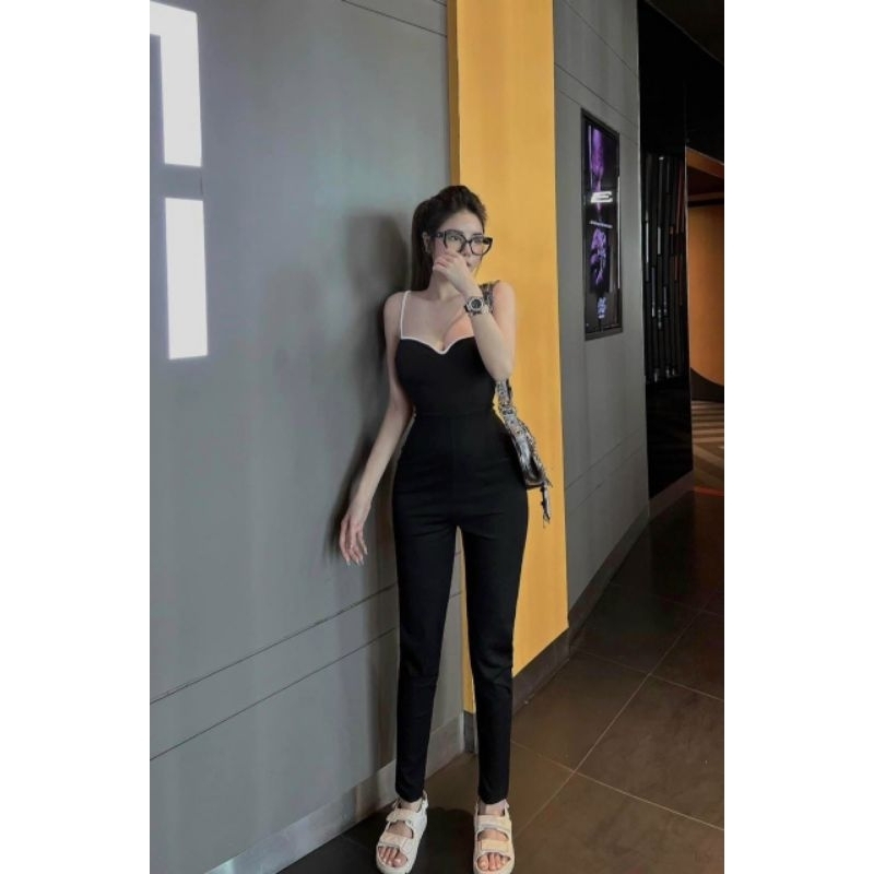 Jump Hai Dây Viền Trắng Cổ V Liền Quần Dài Ôm Body Sexy - Tiểu Thư Bánh Bèo Cute Sang Chảnh Hot Trend Dạo Phố Xinh Xắn