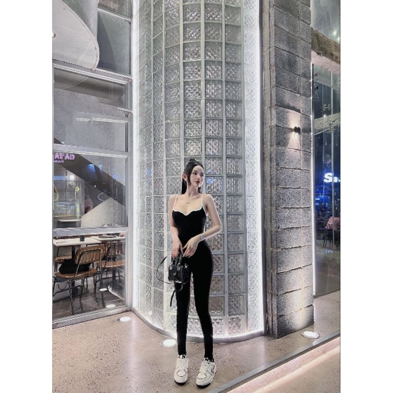 Jump Hai Dây Viền Trắng Cổ V Liền Quần Dài Ôm Body Sexy - Tiểu Thư Bánh Bèo Cute Sang Chảnh Hot Trend Dạo Phố Xinh Xắn