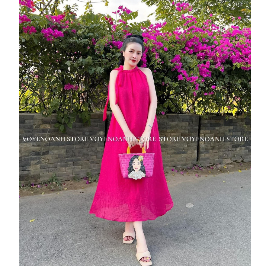 Váy maxi 2 dây đi biển dáng dài đầm suông babydoll cột nơ cổ chấtvải kate mềm mát mùa hè gb94839