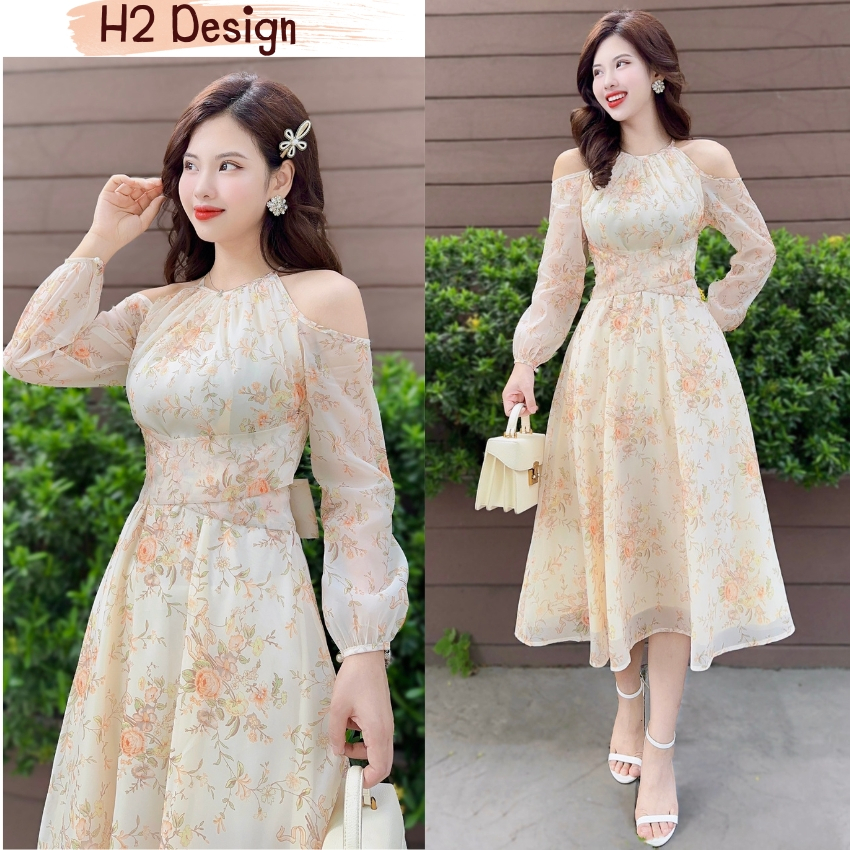 Váy hoa thiết kế hở vai H159 chất voan dài tay mềm mịn, ôm eo, Giấu Bụng cao cấp - H2 DESIGN | BigBuy360 - bigbuy360.vn