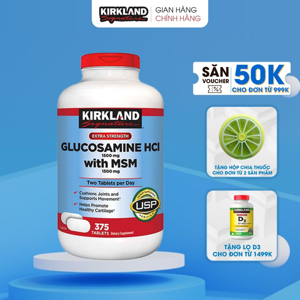 Viên uống bổ xương Kirkland Glucosamine HCL 1500mg With MSM 1500mg 375 Viên