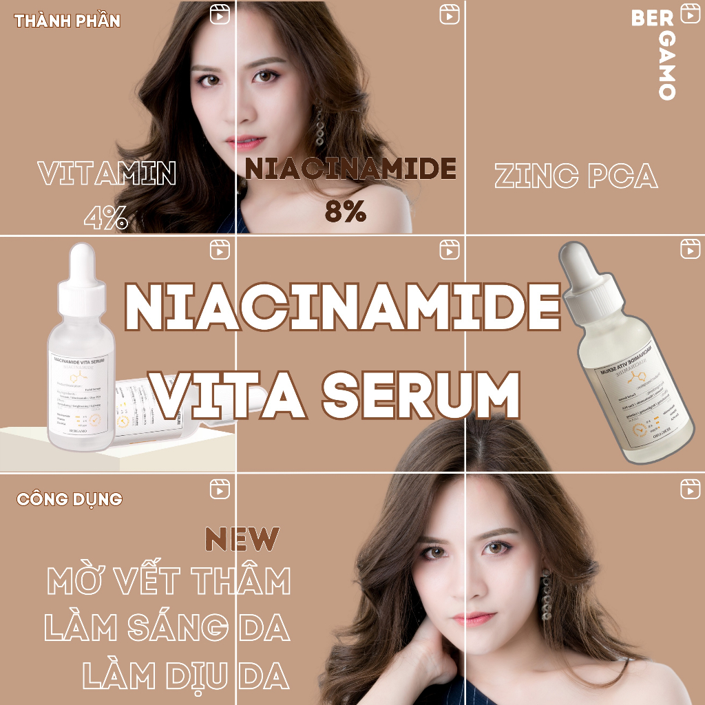 Serum Giảm Mụn Và Mờ thâm Giúp Se Khít Lỗ Chân Lông Bergamo Niacinamide Vita Serum 30ml