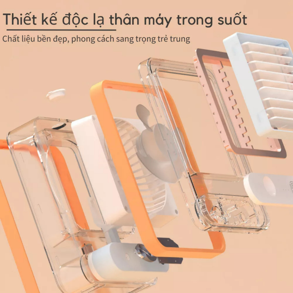 Quạt điều hoà mini để bàn trong suốt, Quạt tích điện phun sương mini kiêm đèn ngủ 3 cấp độ gió
