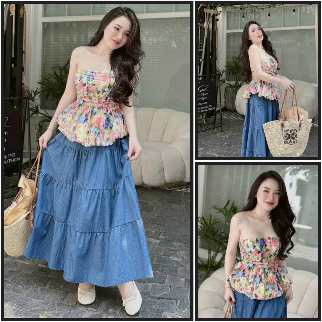 Set áo ống hoa cúp ngực xinh xắn mix chân váu midi dáng xòe bồng tone màu mùa hè nàng thơ dạo phố xinh xắn hot hit 2023