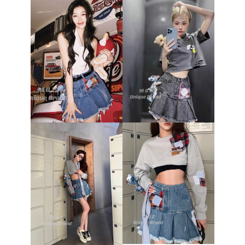 Chân váy jeans 13de marzo xếp ly đính gấu bông đáp vải kẻ đỏ