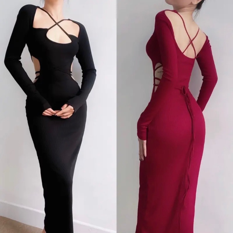 Đầm Body Dáng Dài Đuôi Cá Tay Dài Dây Cổ Sang chảnh Nữ Tính Thời Trang Nữ Nine Clothing