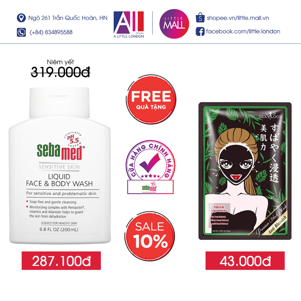 Sửa tắm và rửa mặt dịu nhẹ Sebamed pH 5.5 Sensitive Liquid Face & Body 50ml/200ml TẶNG mặt nạ Sexylook