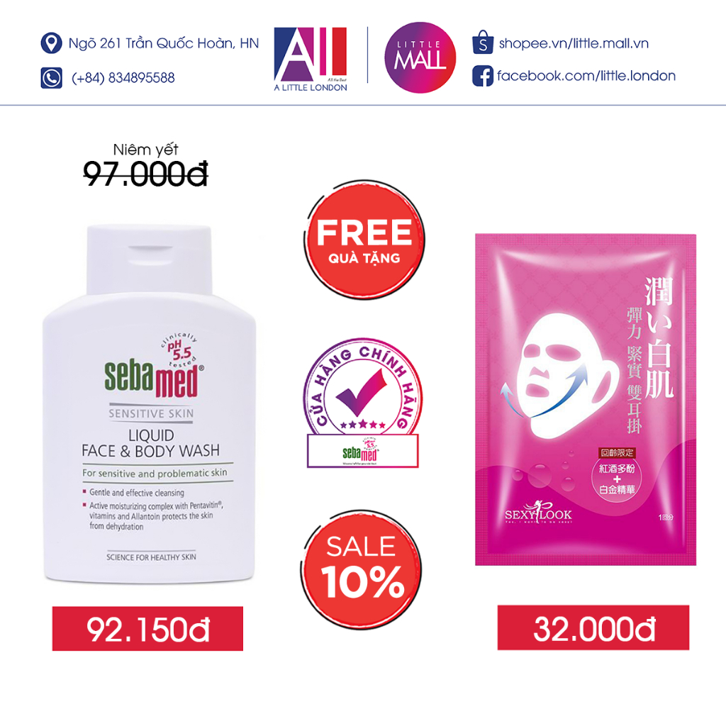 Sửa tắm và rửa mặt dịu nhẹ Sebamed pH 5.5 Sensitive Liquid Face & Body 50ml/200ml TẶNG mặt nạ Sexylook