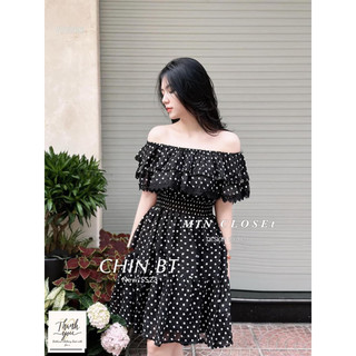 Váy chấm bi trễ vai size S (dưới 60kg) Quảng Châu vải đẹp mới 98%