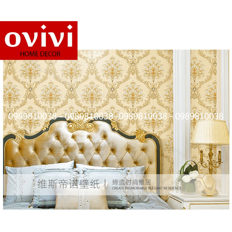 Giấy dán tường 3d hoa văn tân cổ châu âu không sẵn keo, giấy dán tường lụa cao cấp khổ 53cm, giấy đẹp sang trọng Ovivi