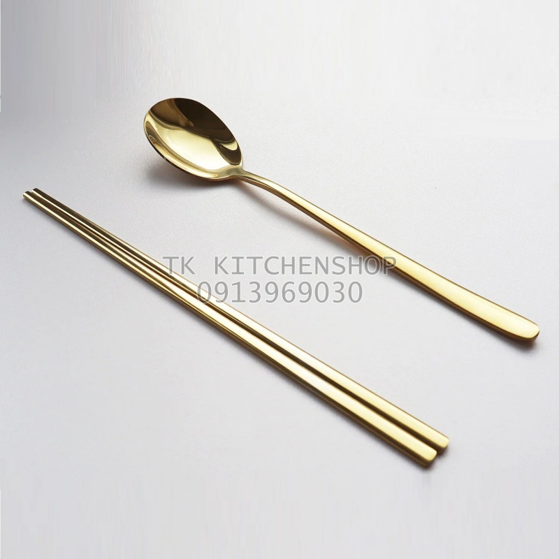 COMBO Thìa và Đũa inox Hàn Quốc màu vàng, thân dẹt, Thìa inox, muỗng inox cán dẹt màu đồng, Đũa inox đặc màu vàng